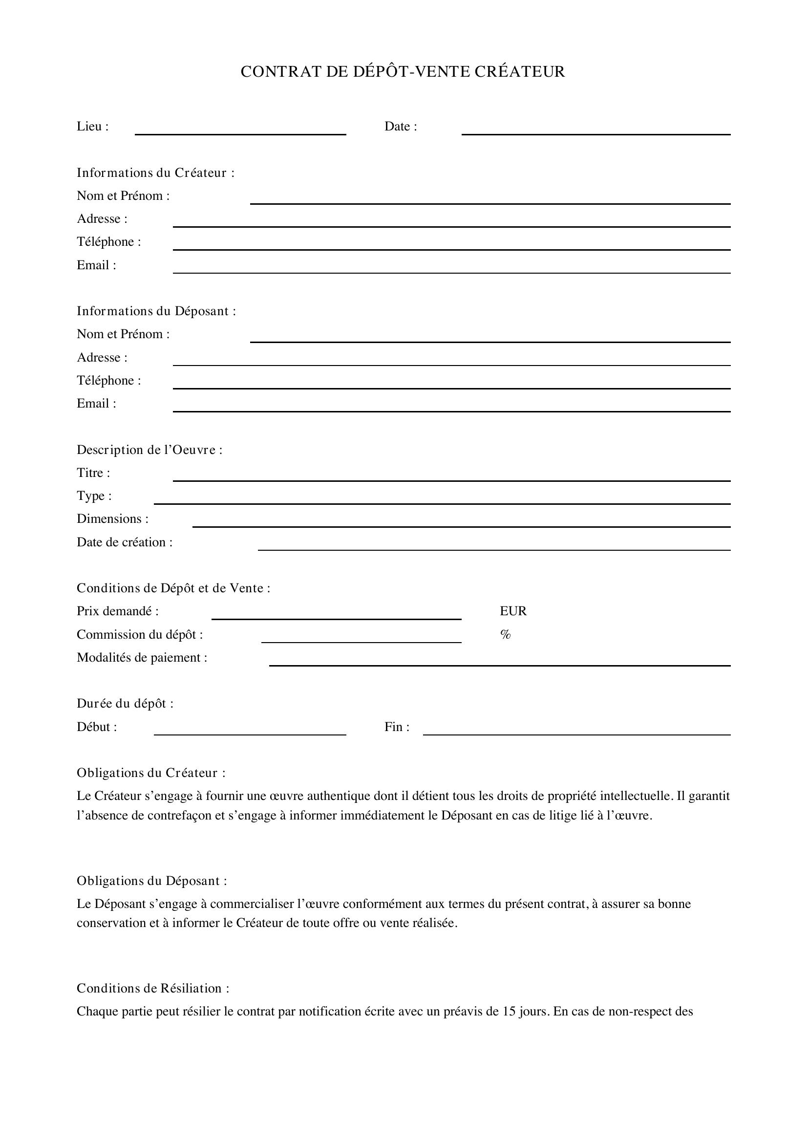 Modèle Contrat Dépôt-Vente Créateur