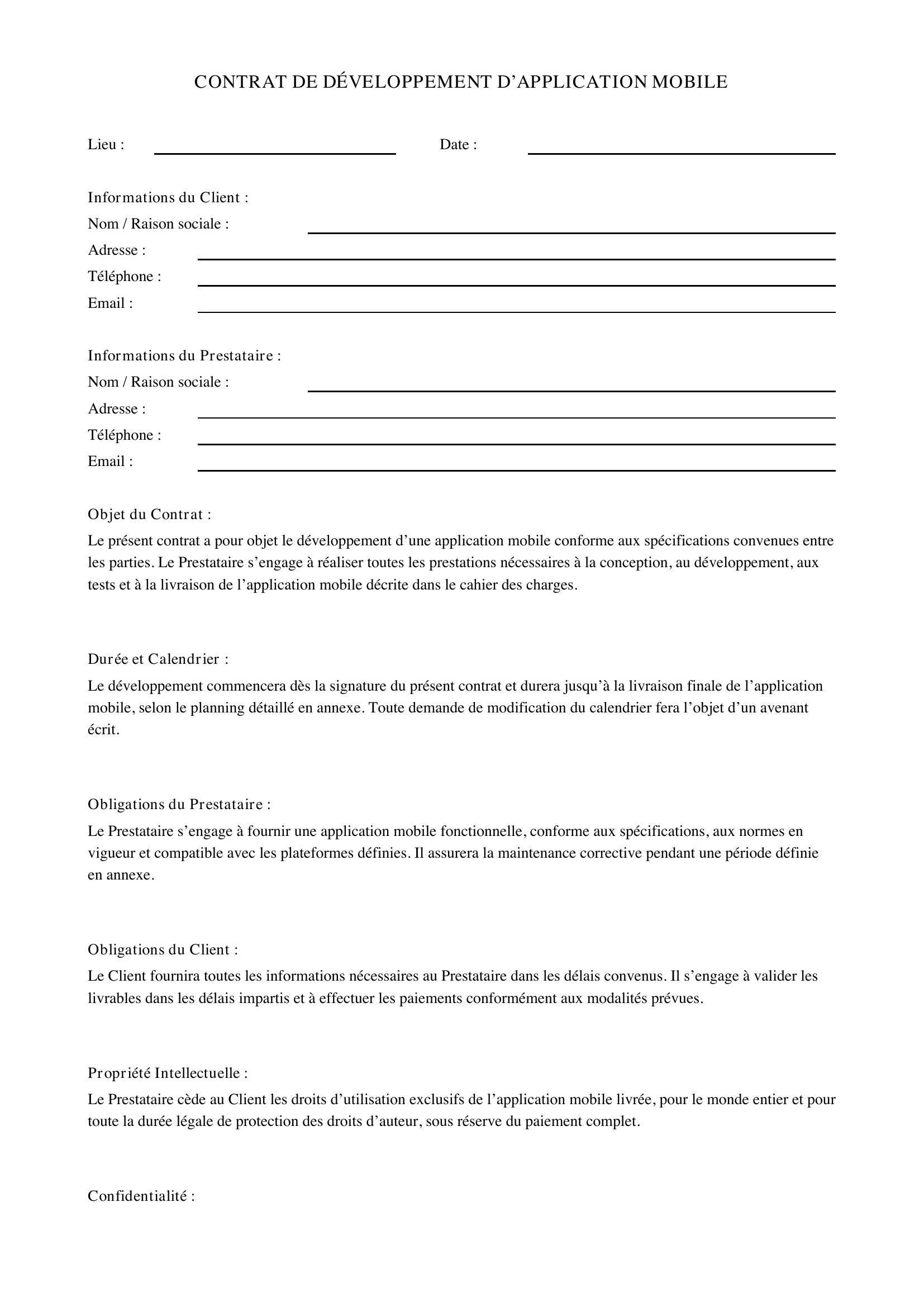 Modèle Contrat Développement Application Mobile