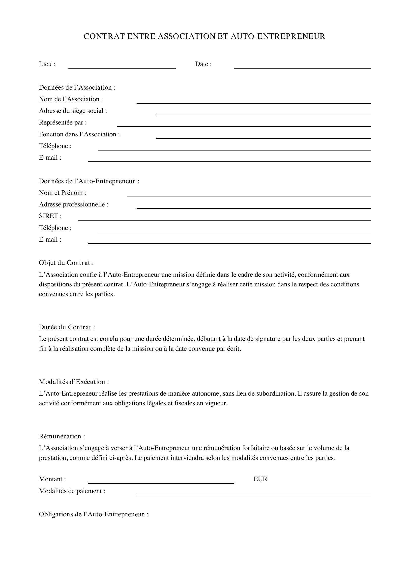 Modèle Contrat Entre Association Et Auto-Entrepreneur