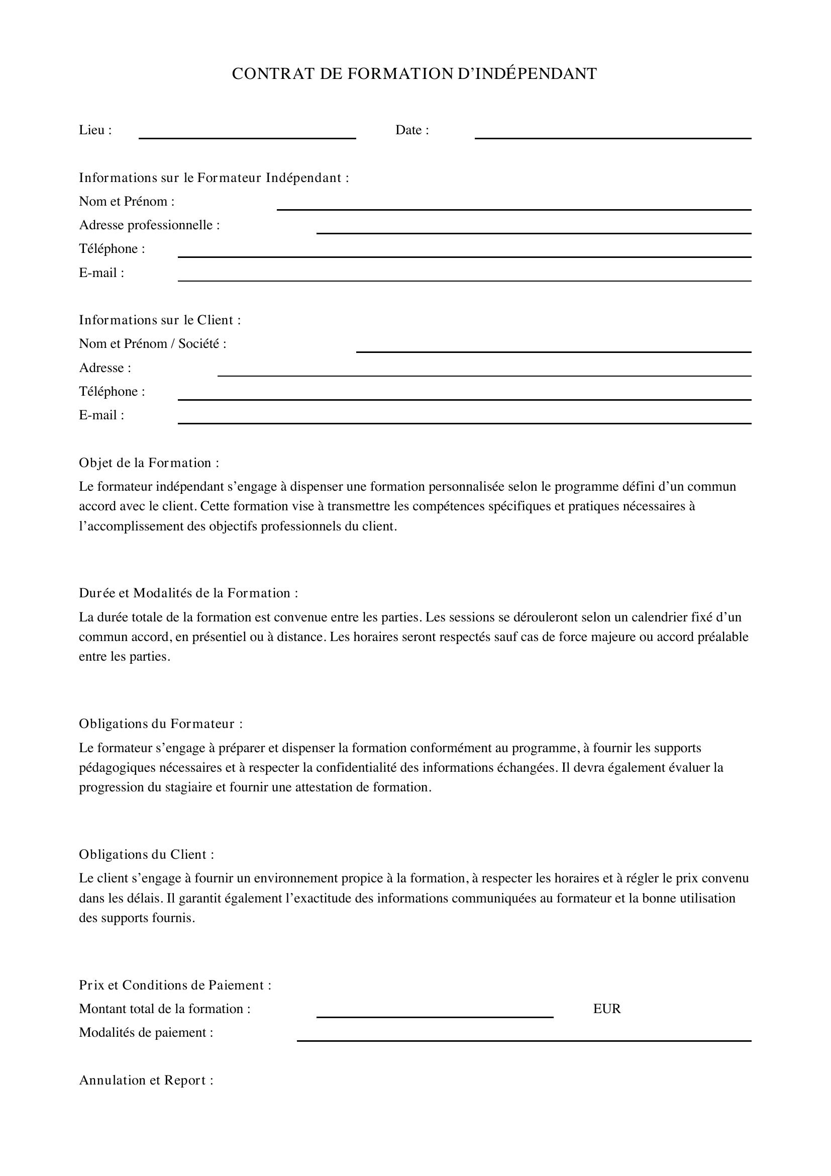 Modèle Contrat Formateur Indépendant