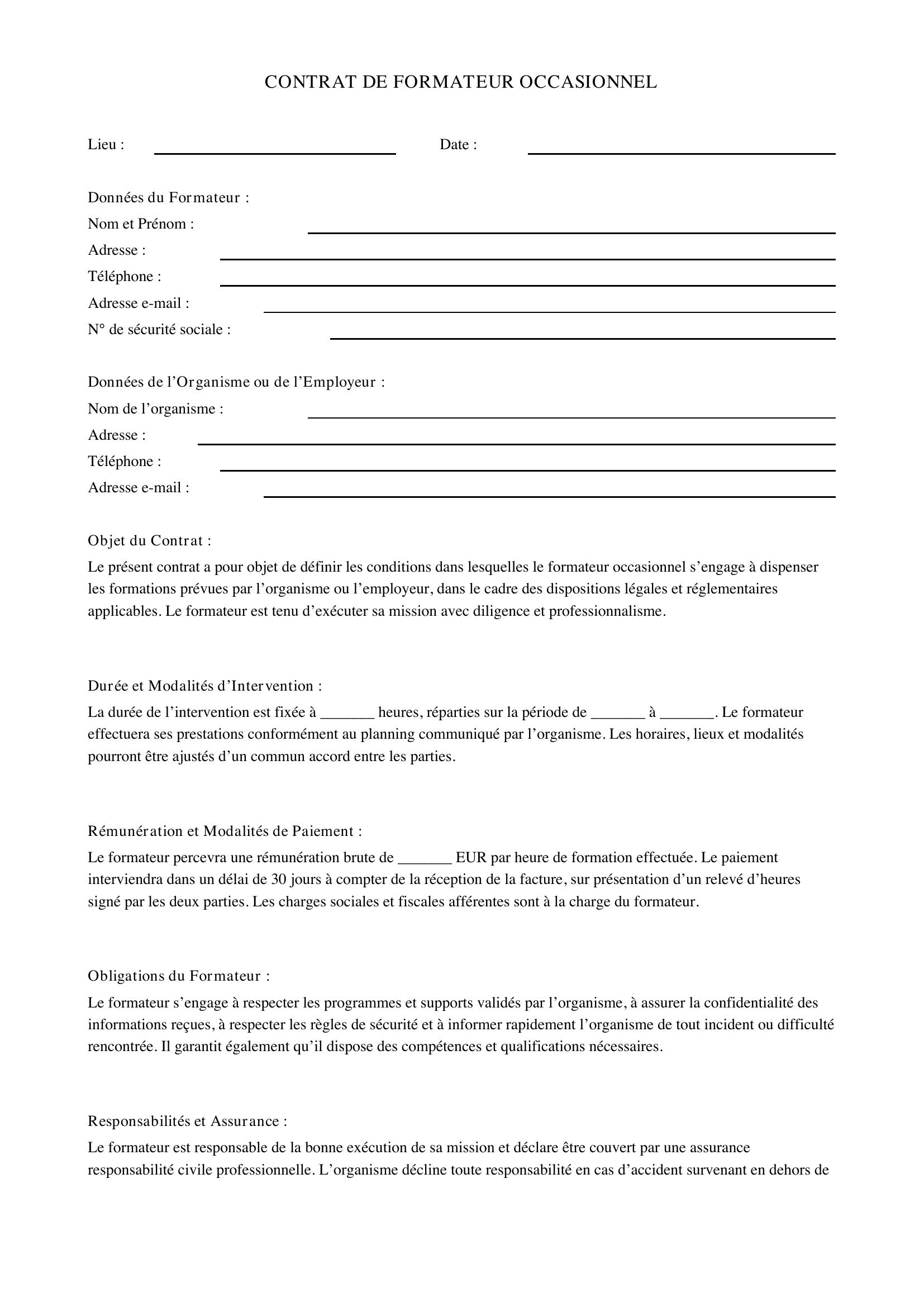 Modèle Contrat Formateur Occasionnel