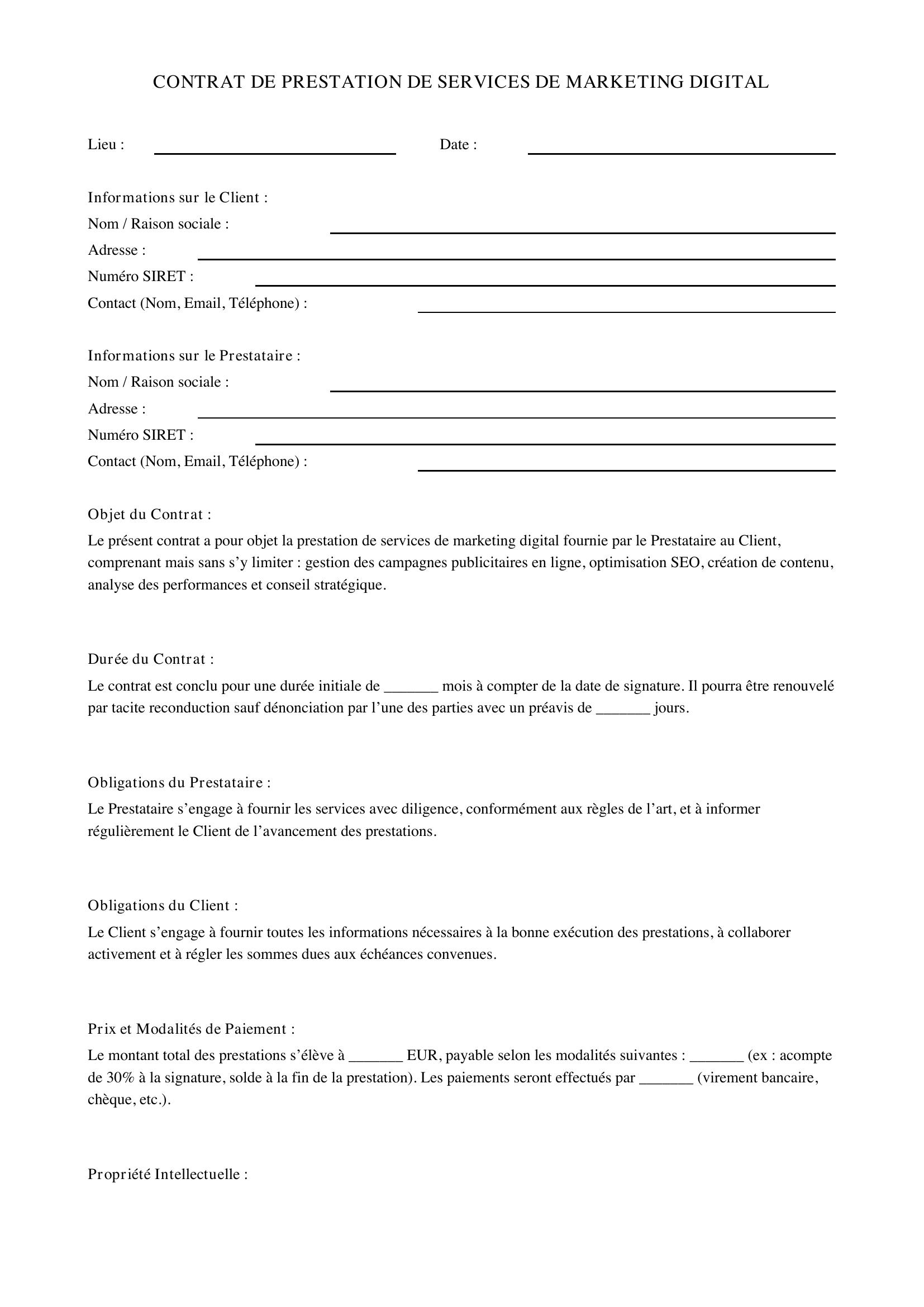 Modèle Contrat Marketing Digital