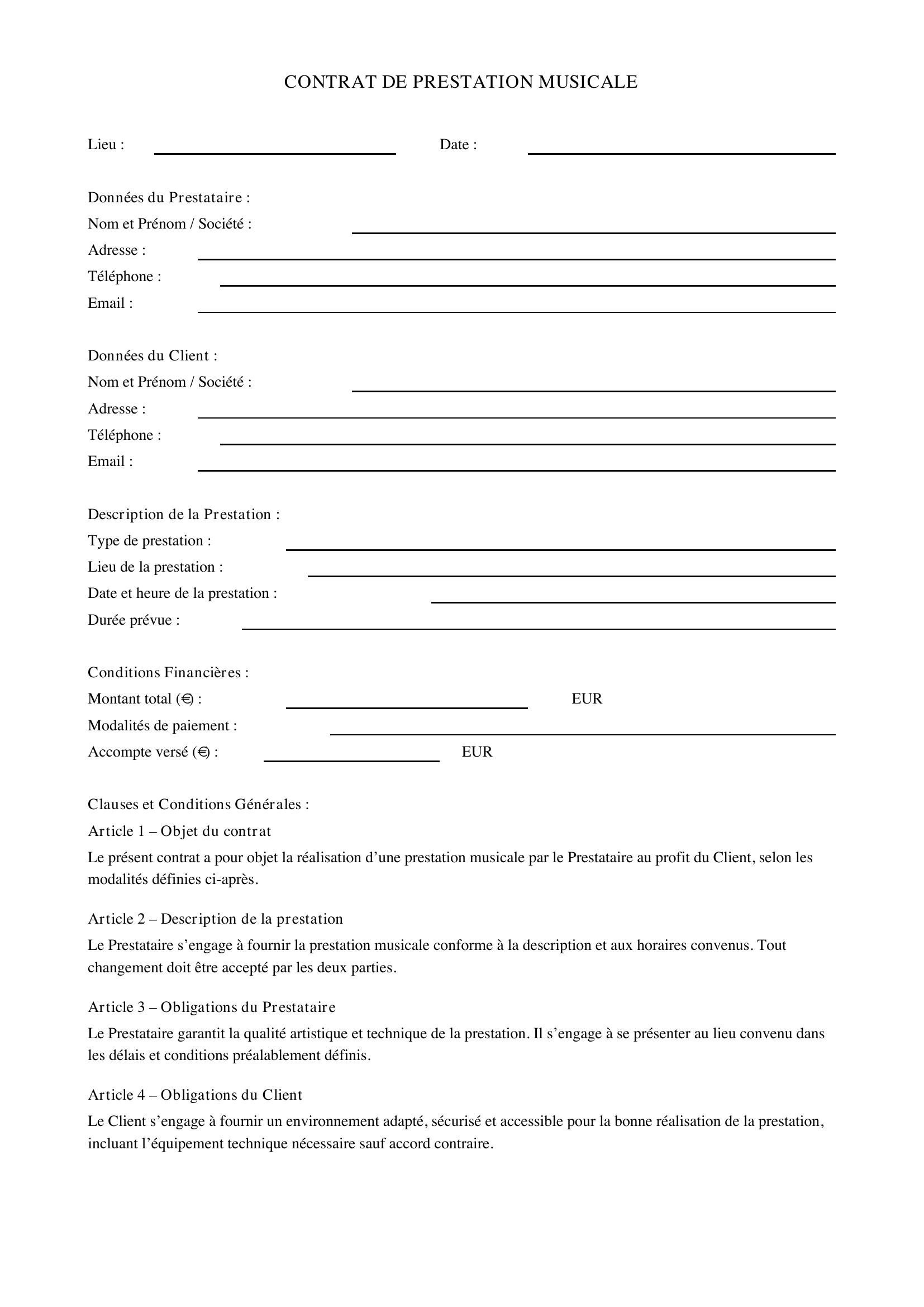 Modèle Contrat Pour Prestation Musicale