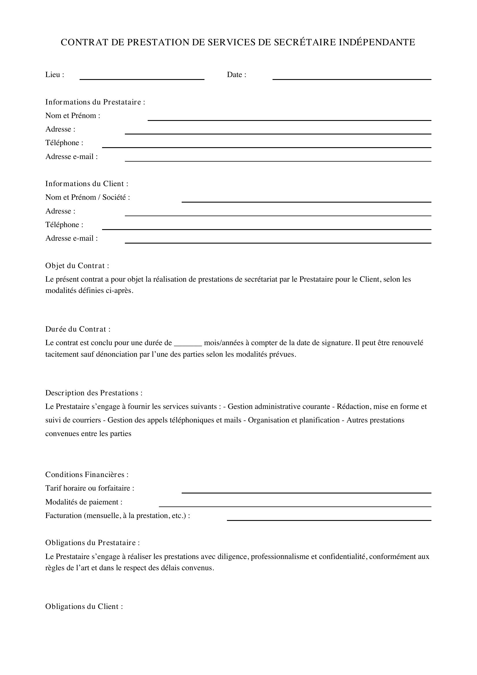 Modèle Contrat Secrétaire Indépendante