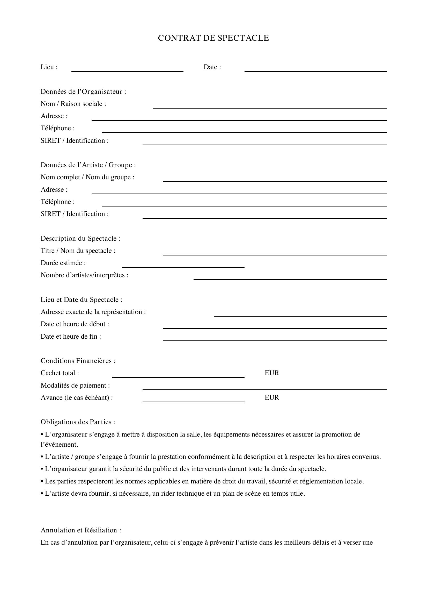 Modèle Contrat Spectacle