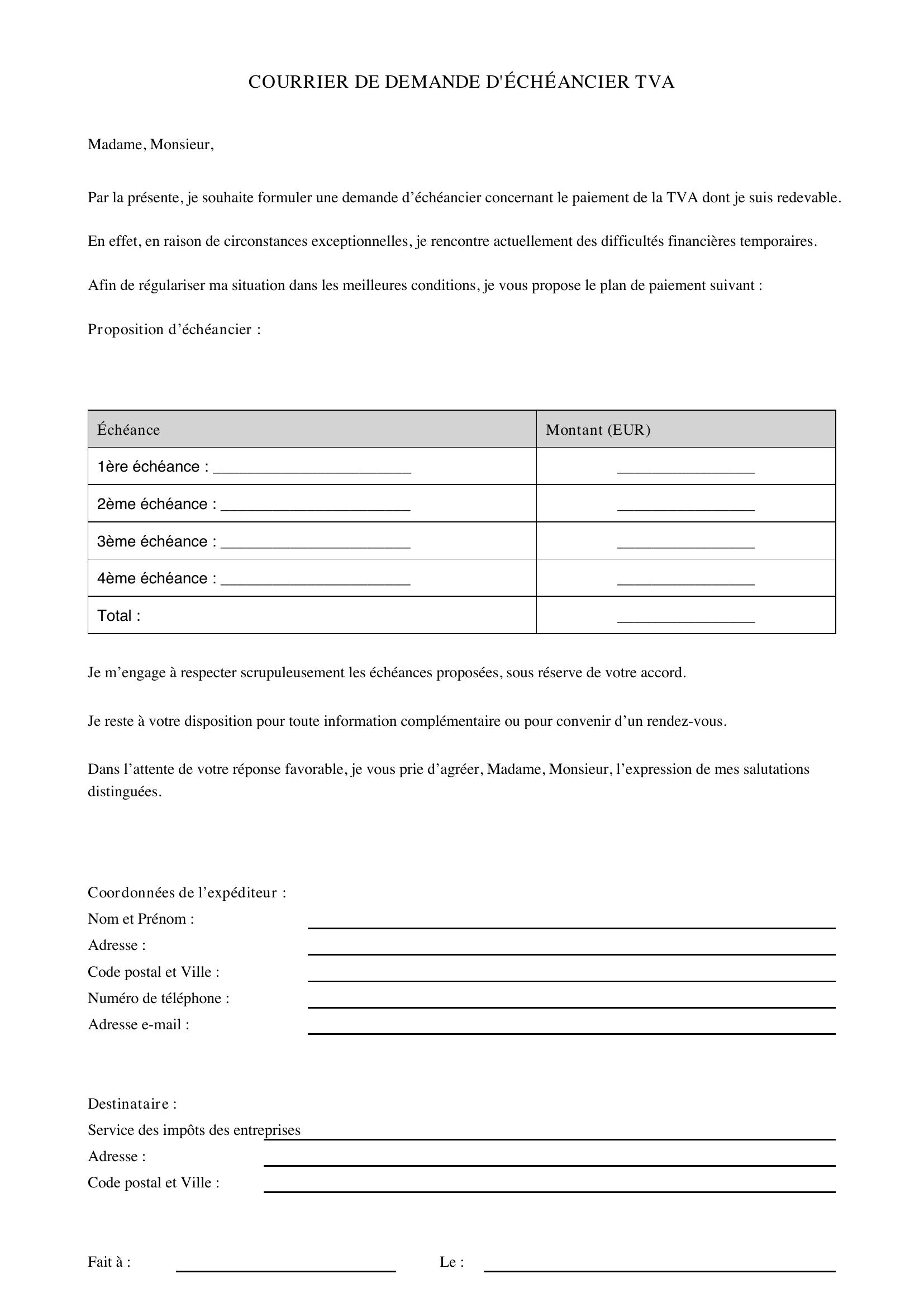 Modèle Courrier Demande Échéancier Tva