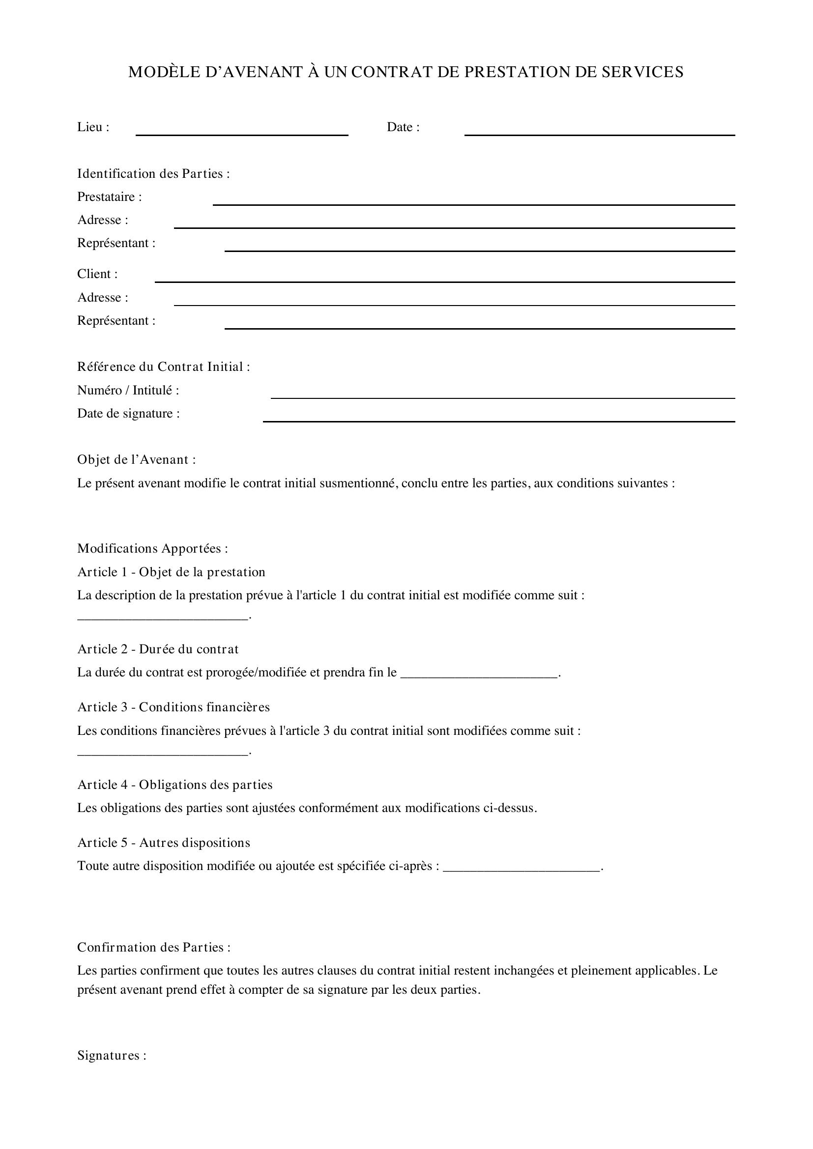 Modèle D'Avenant À Un Contrat De Prestation De Services