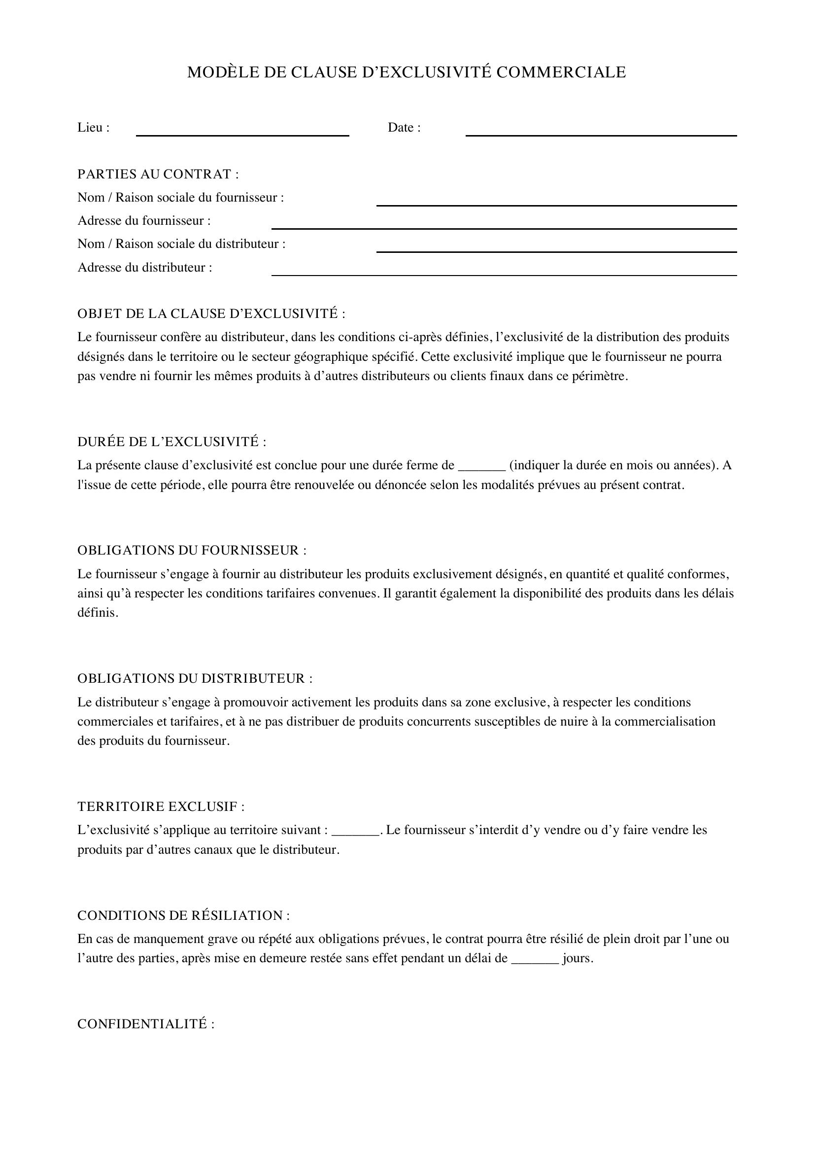 Modèle De Clause D'Exclusivité Commerciale