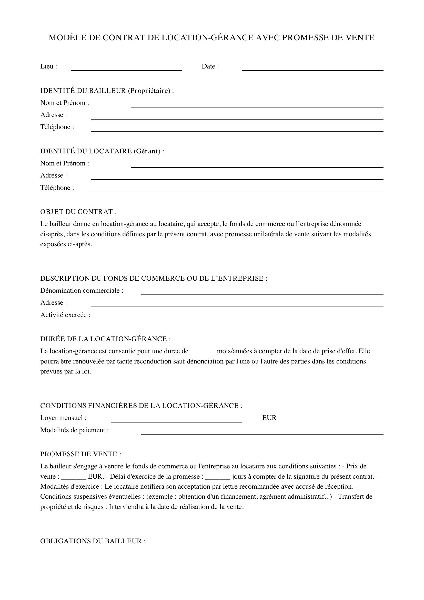 Modèle De Contrat De Location-Gérance Avec Promesse De Vente