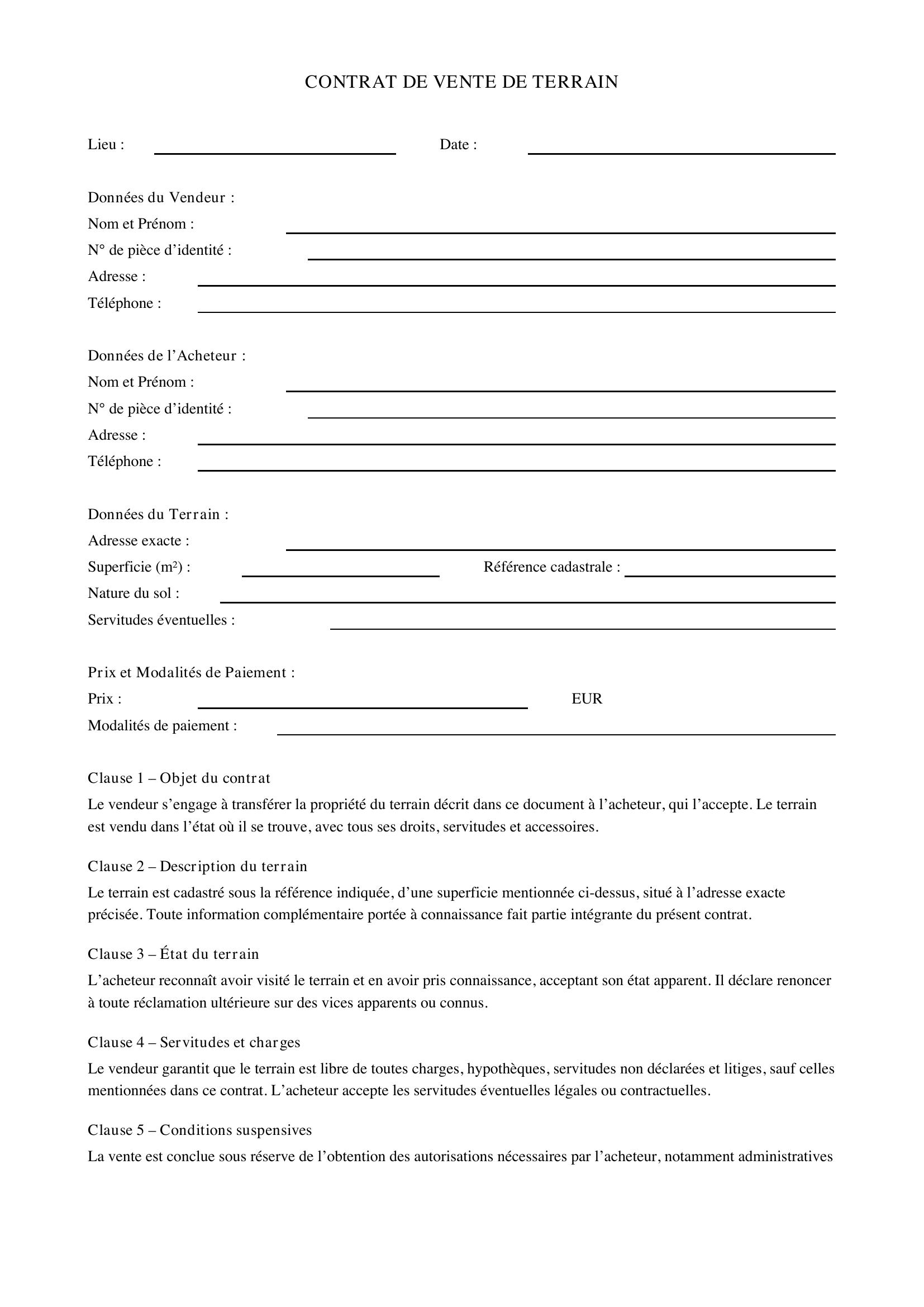 Modèle De Contrat De Vente De Terrain