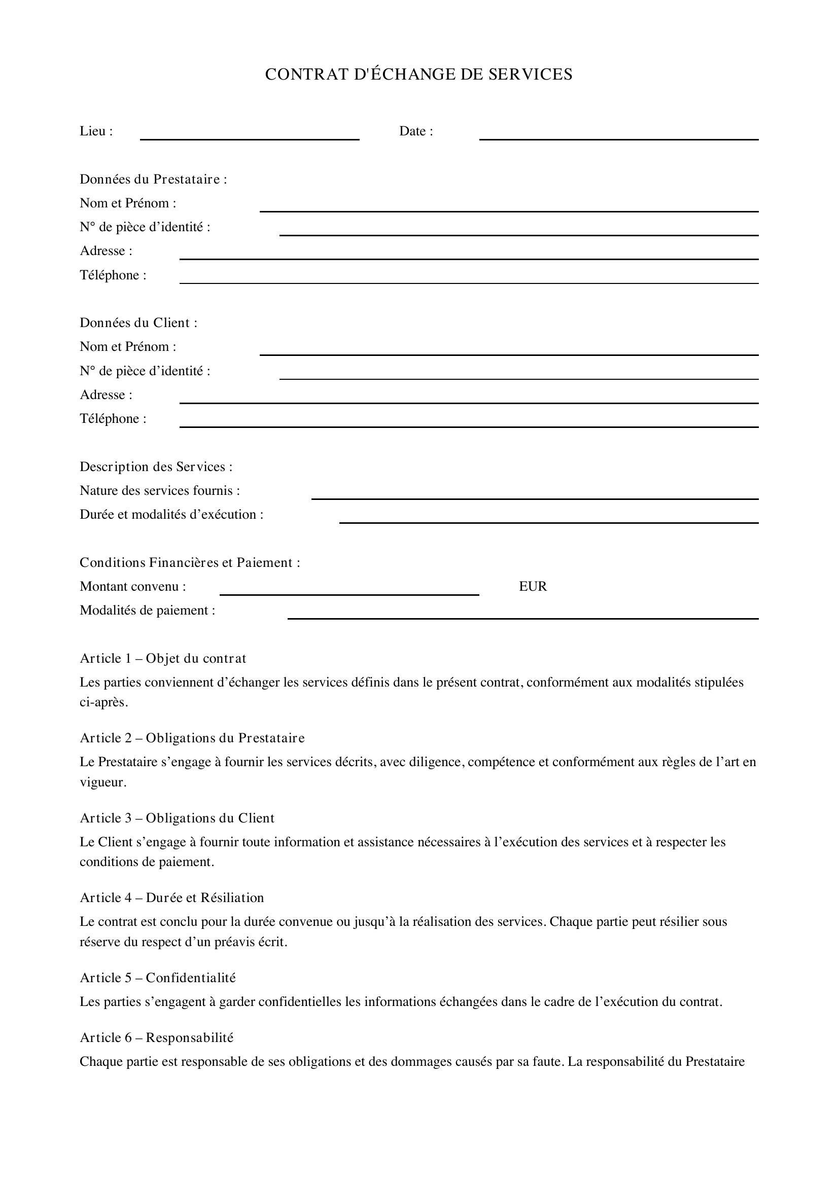 Modèle De Contrat D'Échange De Services