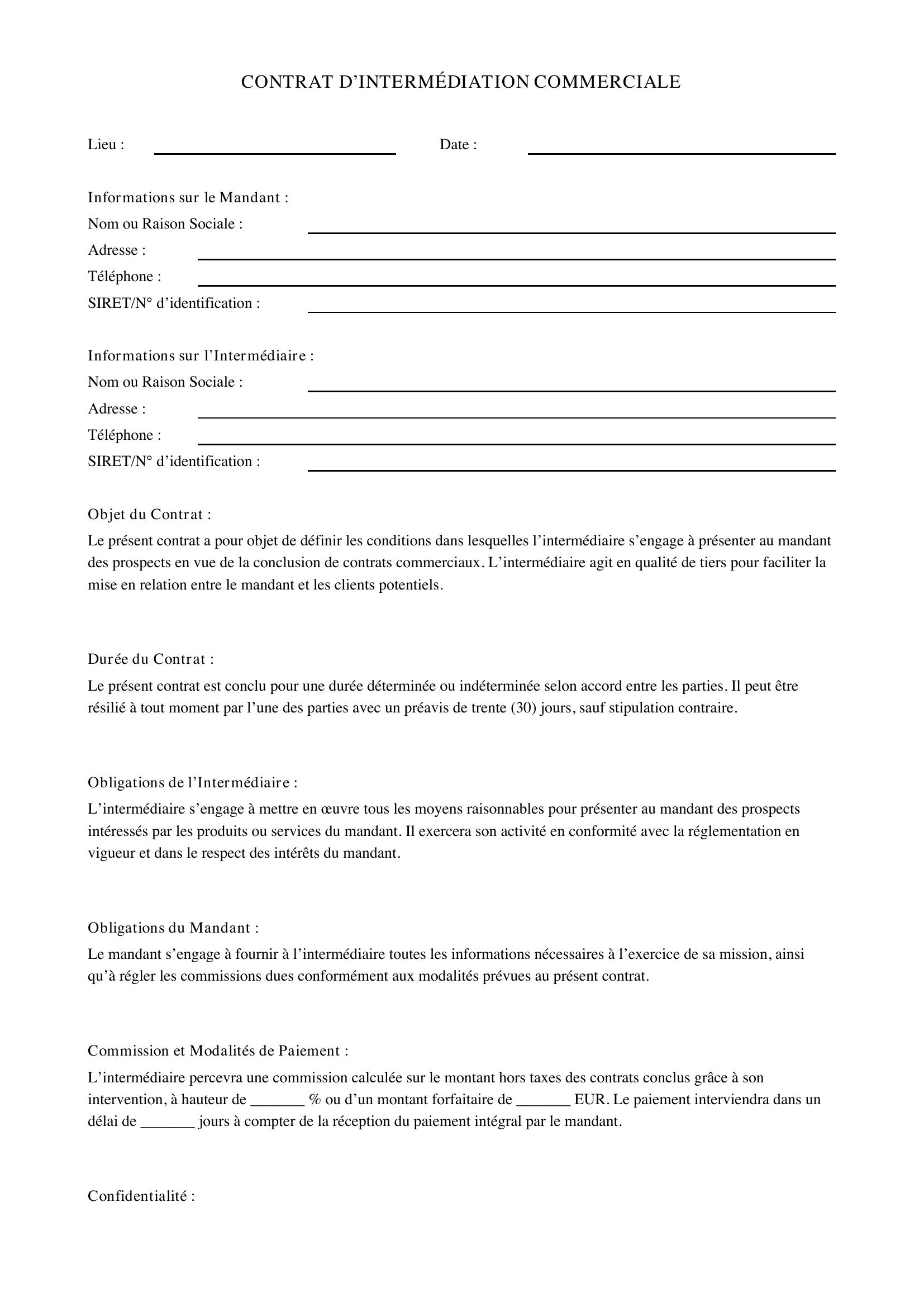 Modèle De Contrat D'Intermédiation Commerciale