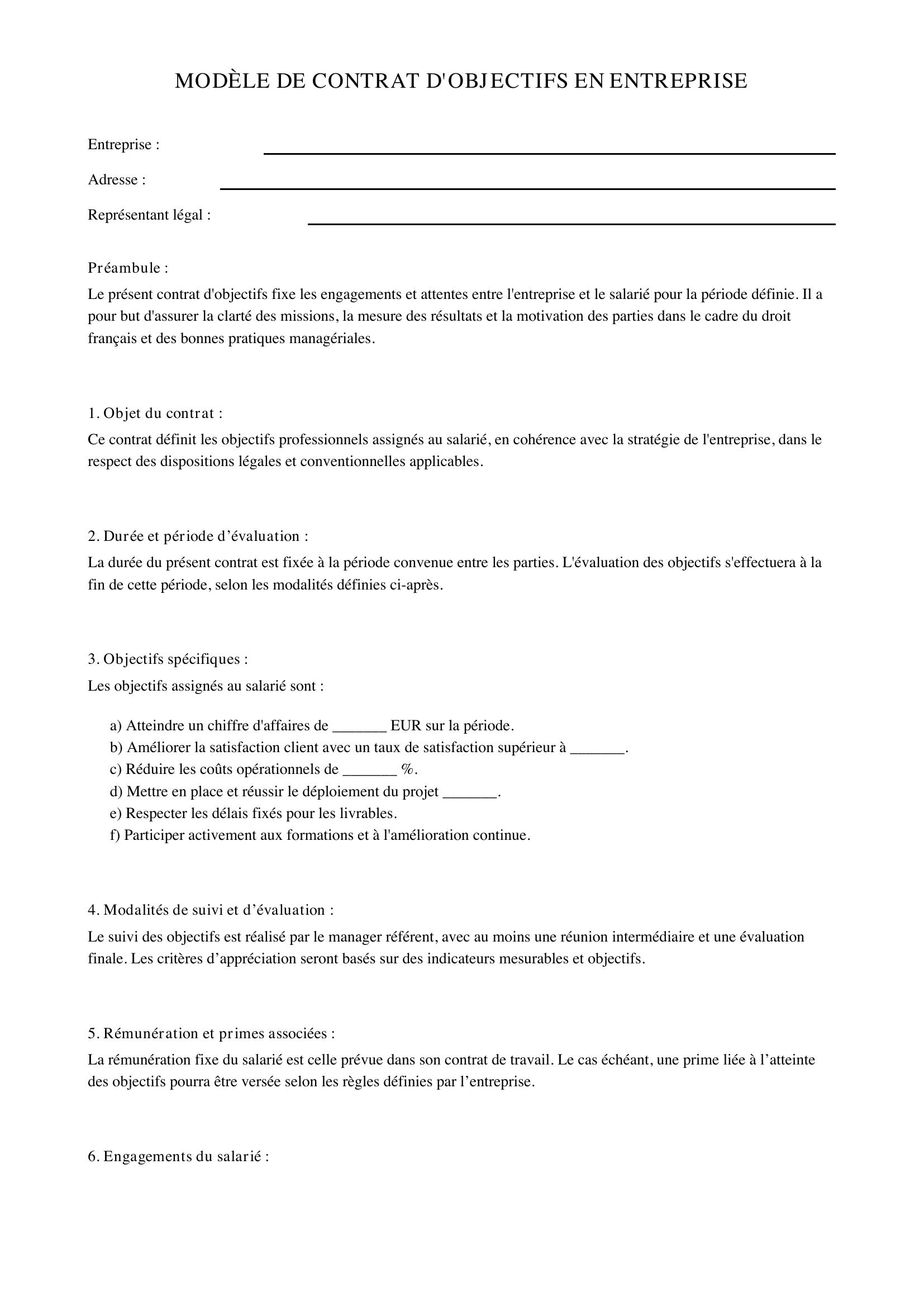Modèle De Contrat D'Objectifs En Entreprise