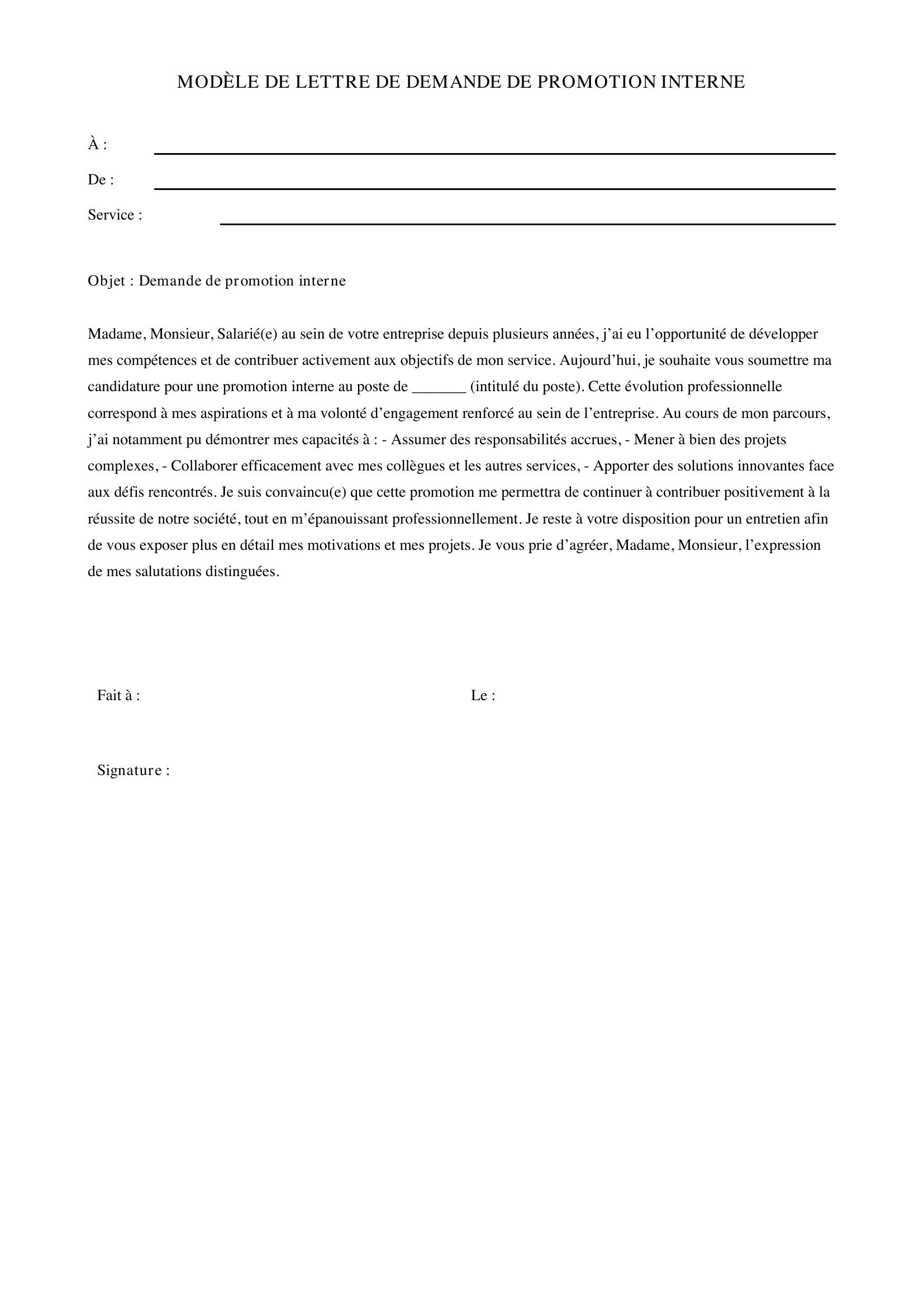 Modèle De Lettre De Demande De Promotion Interne