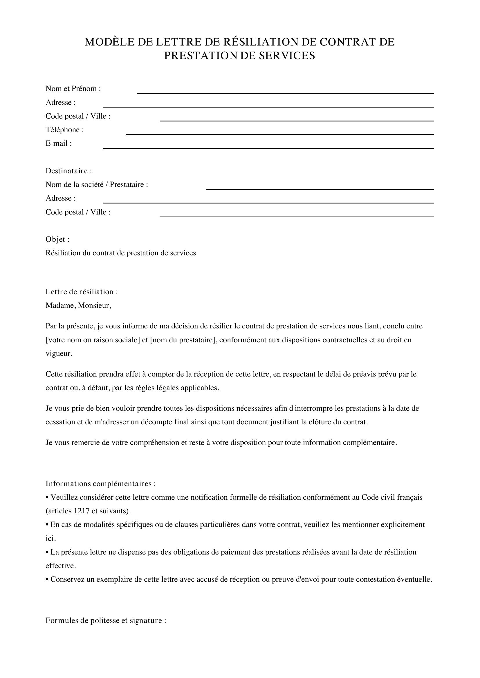 Modèle De Lettre De Résiliation De Contrat De Prestation De Services