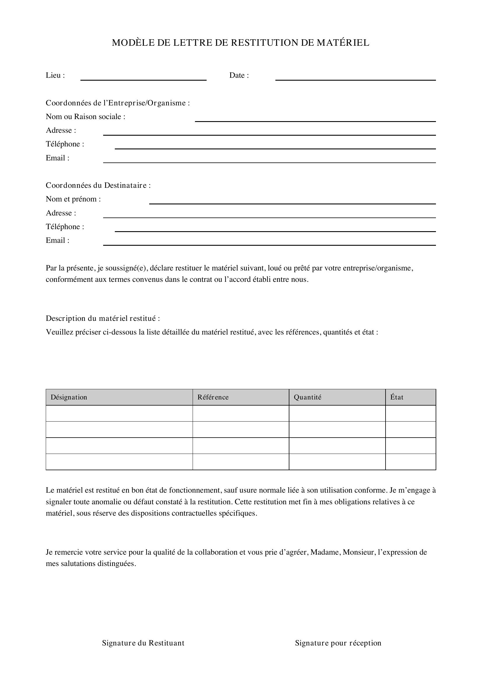 Modèle De Lettre De Restitution De Matériel