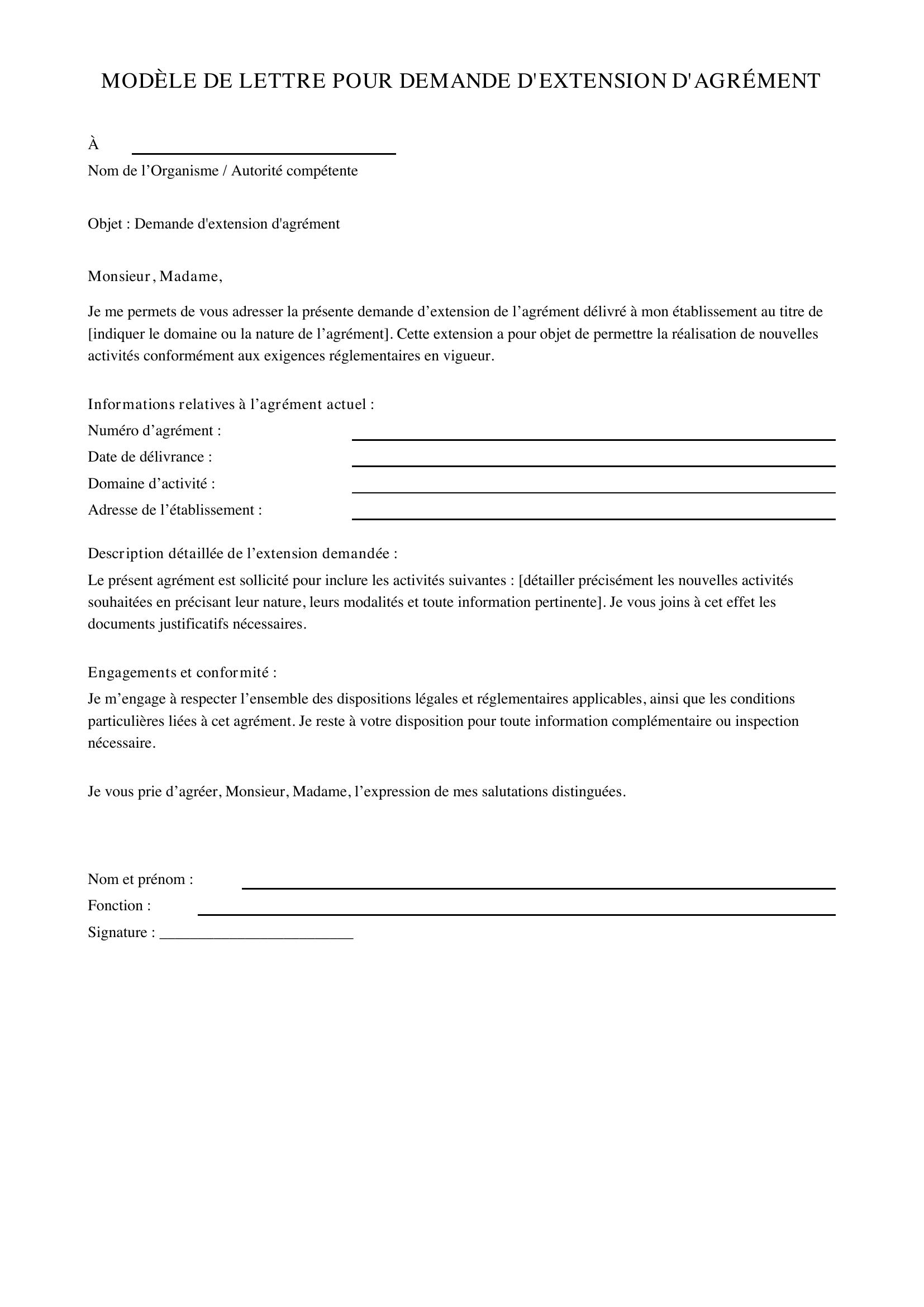 Modèle De Lettre Pour Demande Extension D'Agrément