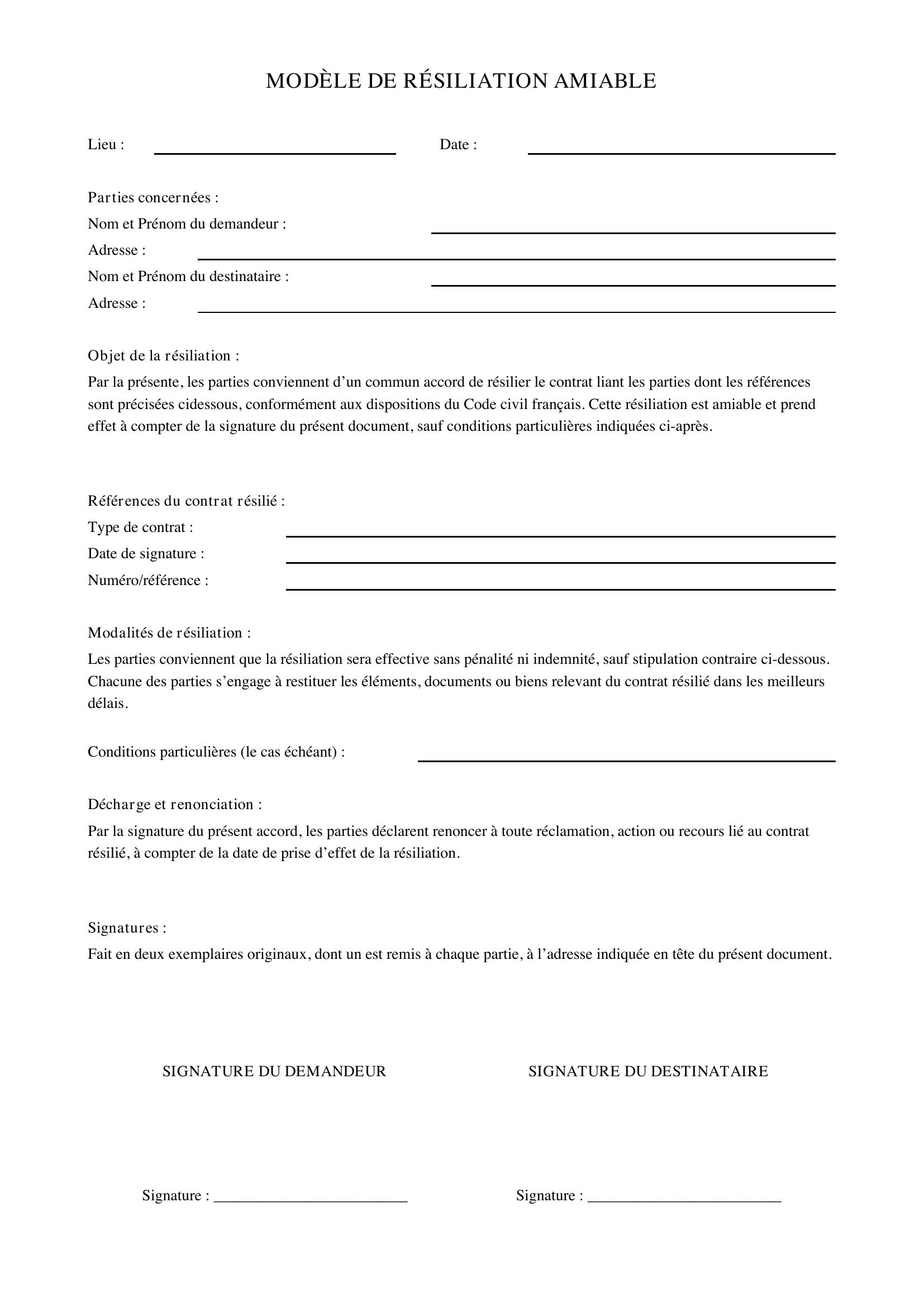 Modèle De Résiliation Amiable