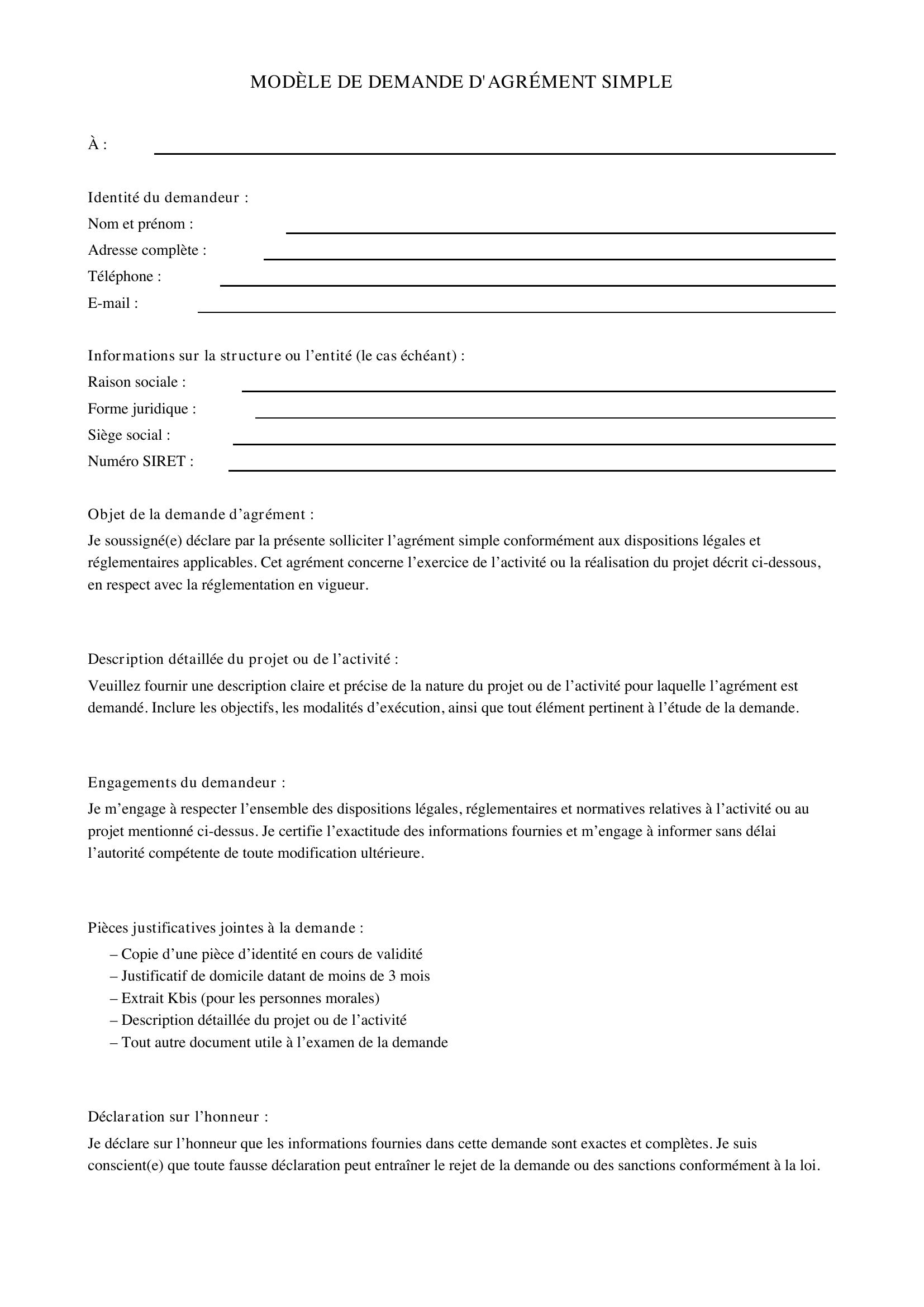 Modèle Demande D'Agrément Simple