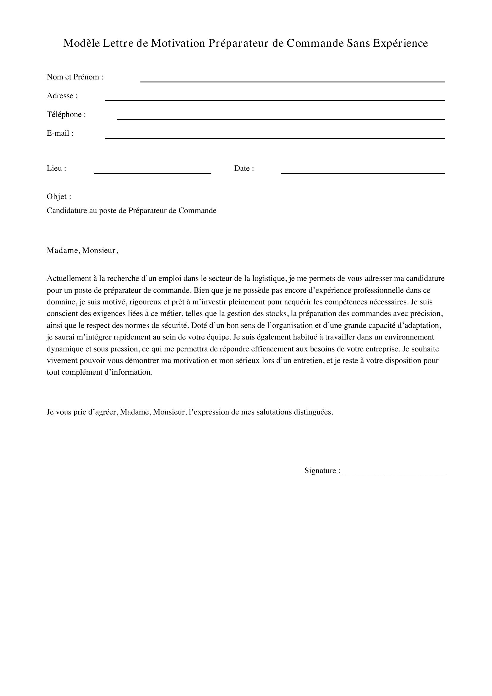 Modèle Lettre De Motivation Préparateur De Commande Sans Expérience