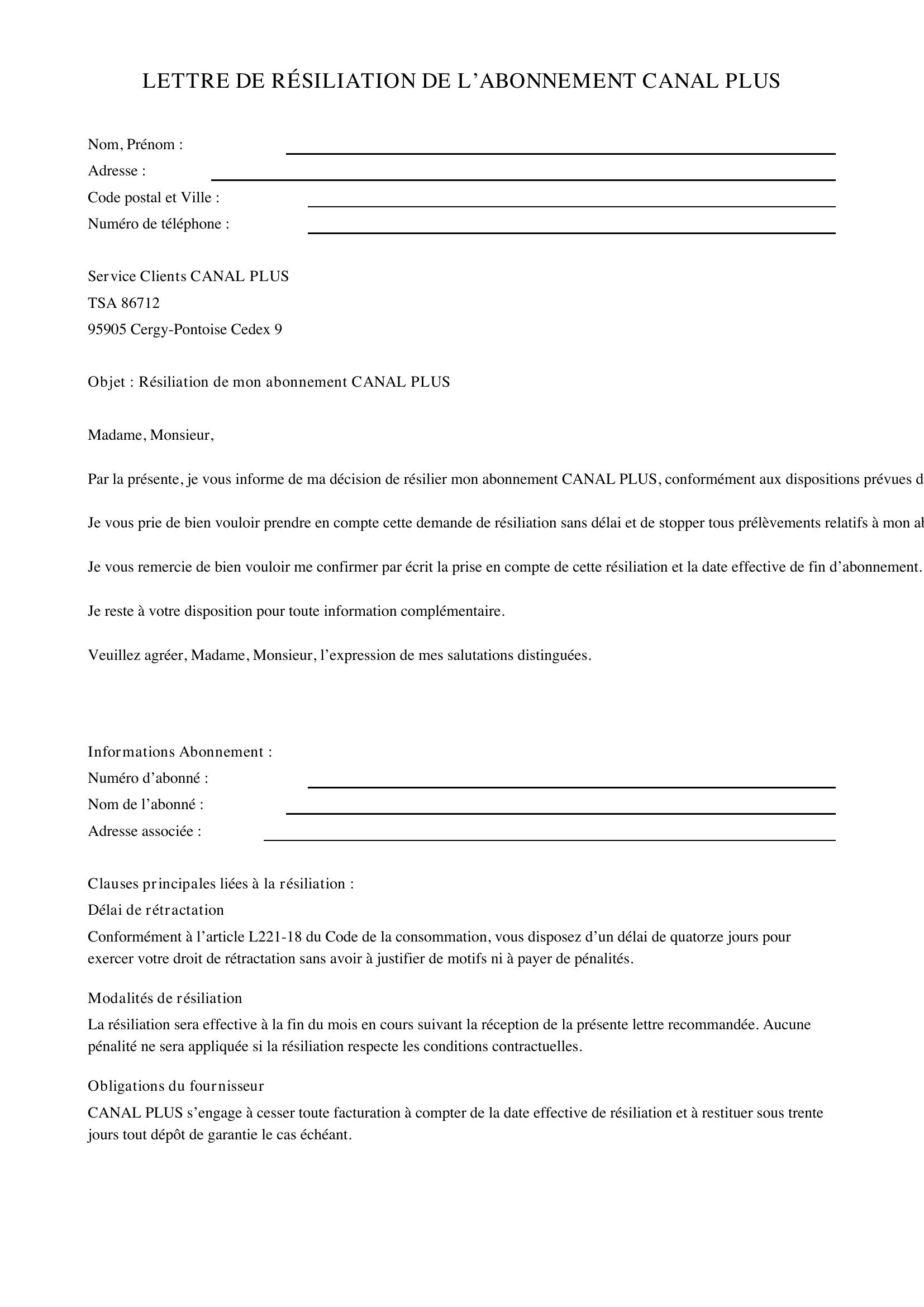 Modèle Lettre De Résiliation Canal Plus