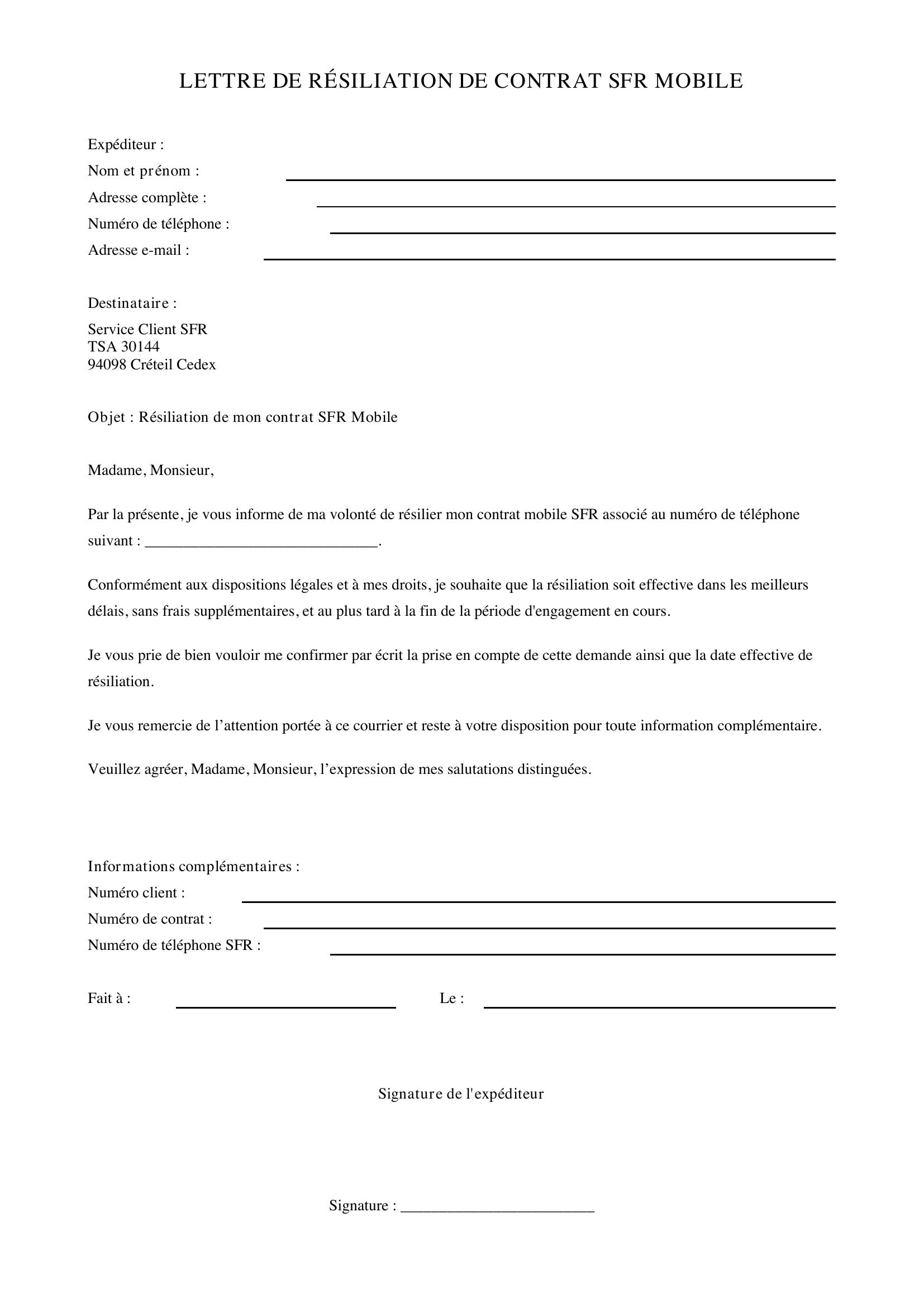 Modèle Lettre De Résiliation Sfr Mobile