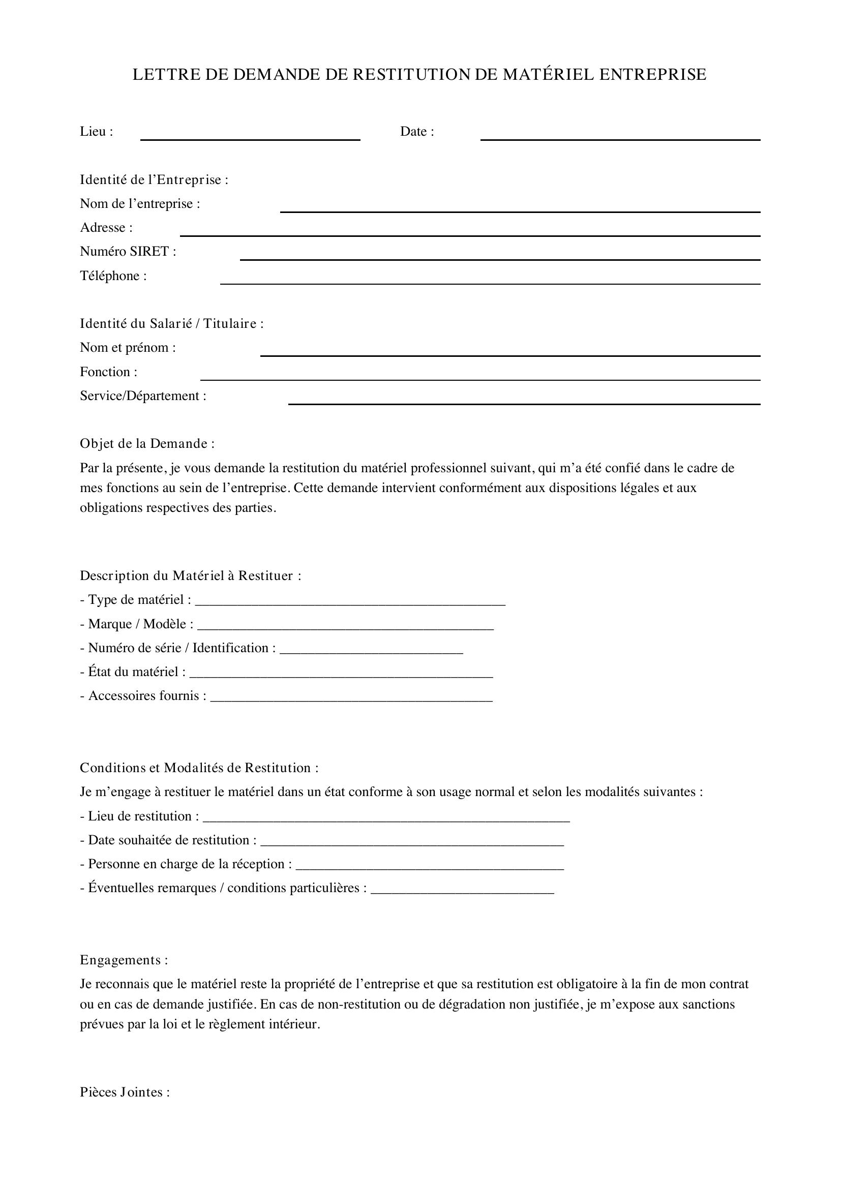 Modèle Lettre Demande De Restitution Matériel Entreprise