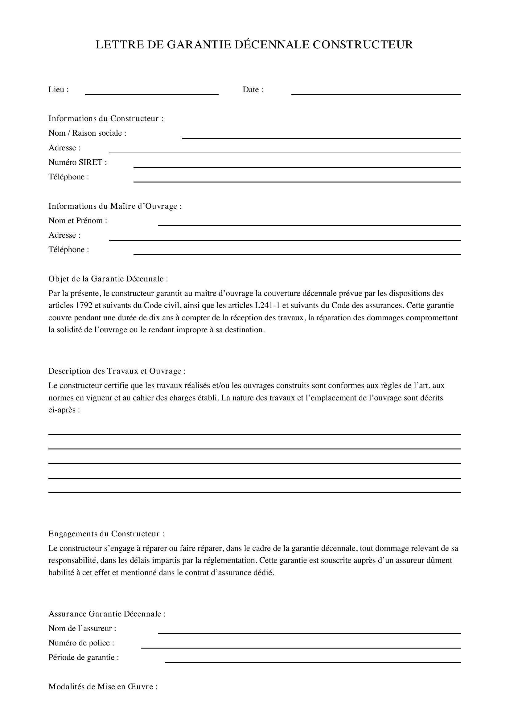 Modèle Lettre Garantie Décennale Constructeur