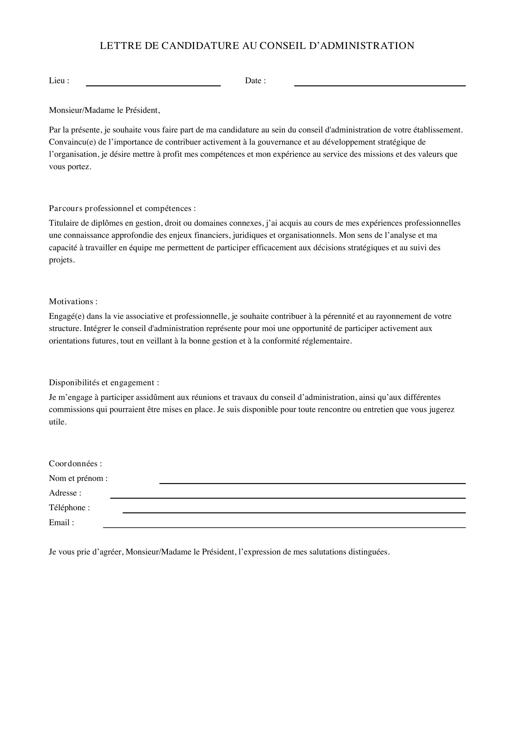 Modèle Lettre Pour Candidature Conseil D'Administration