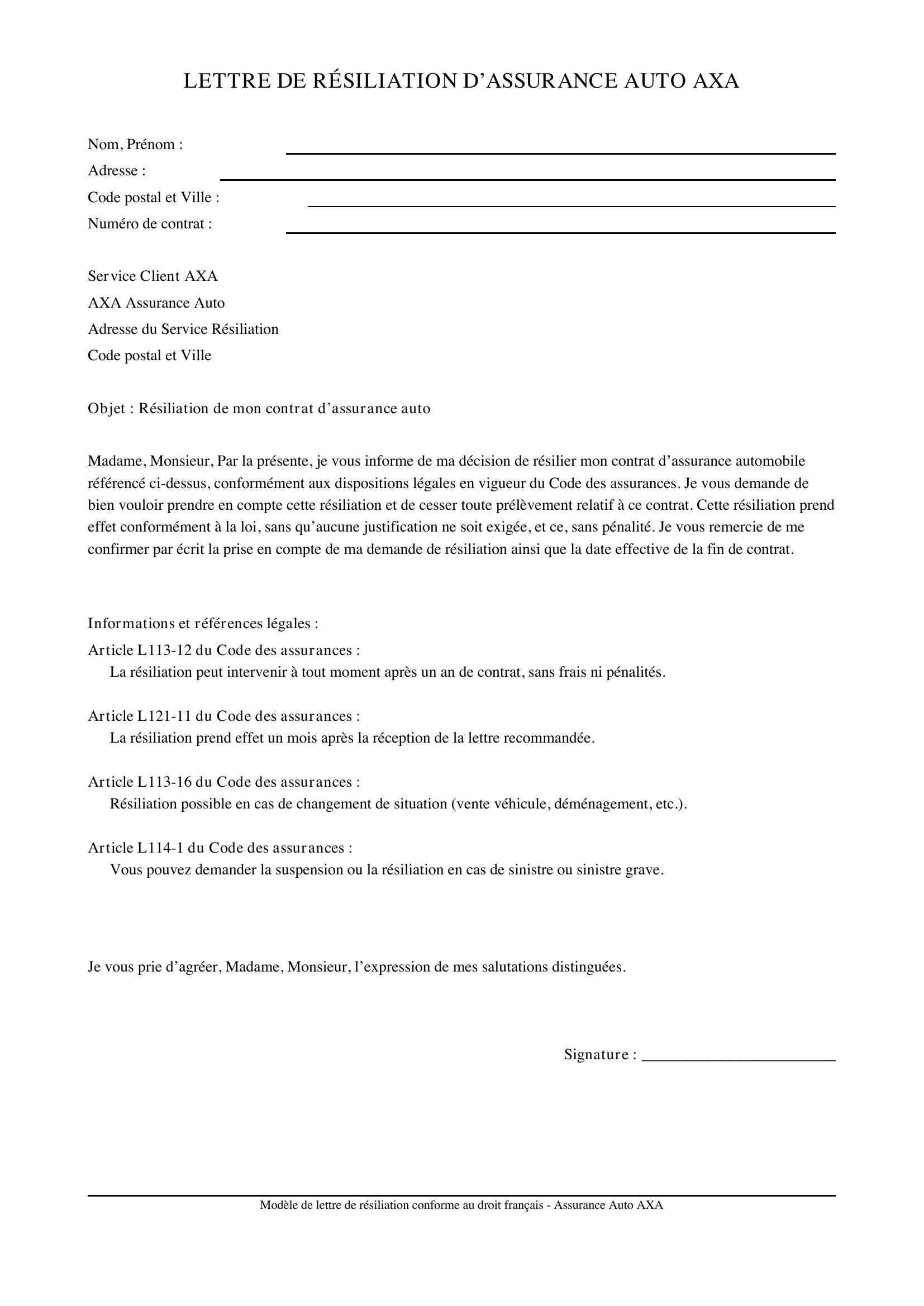 Modèle Lettre Résiliation Assurance Auto Axa