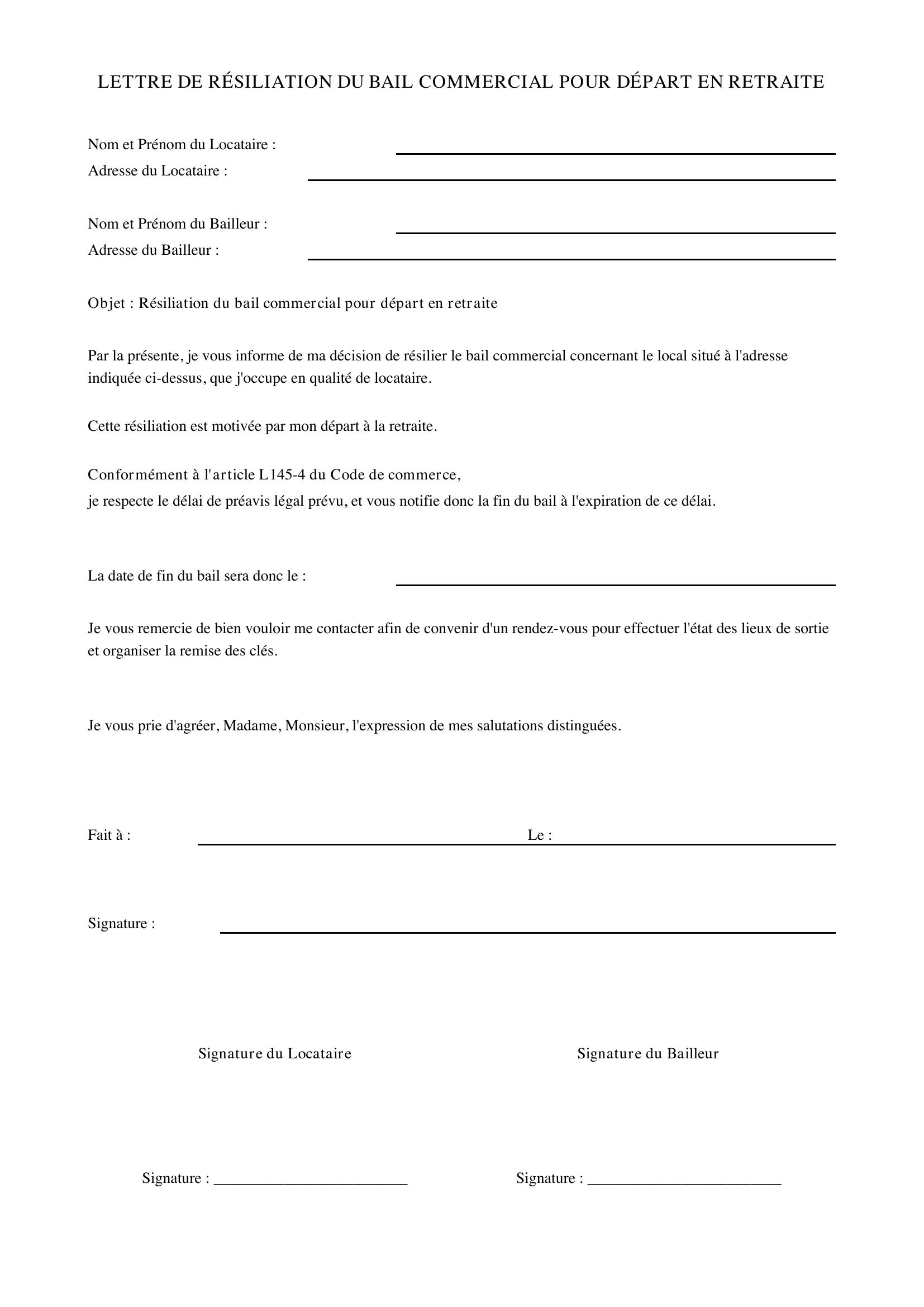 Modèle Lettre Résiliation Bail Commercial Pour Départ Retraite