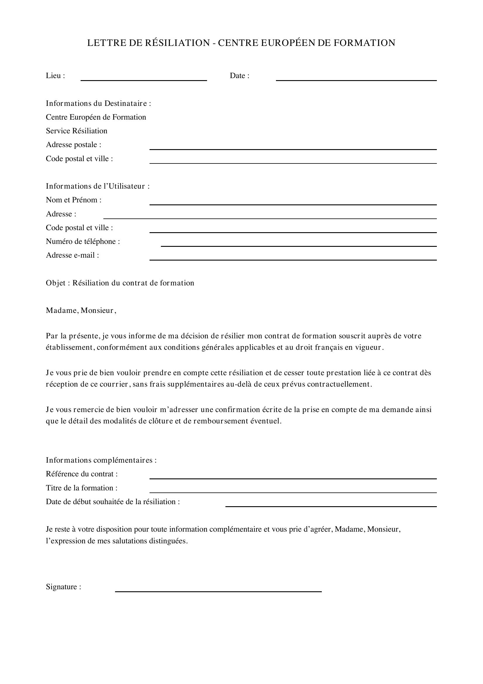 Modèle Lettre Résiliation Centre Européen Formation