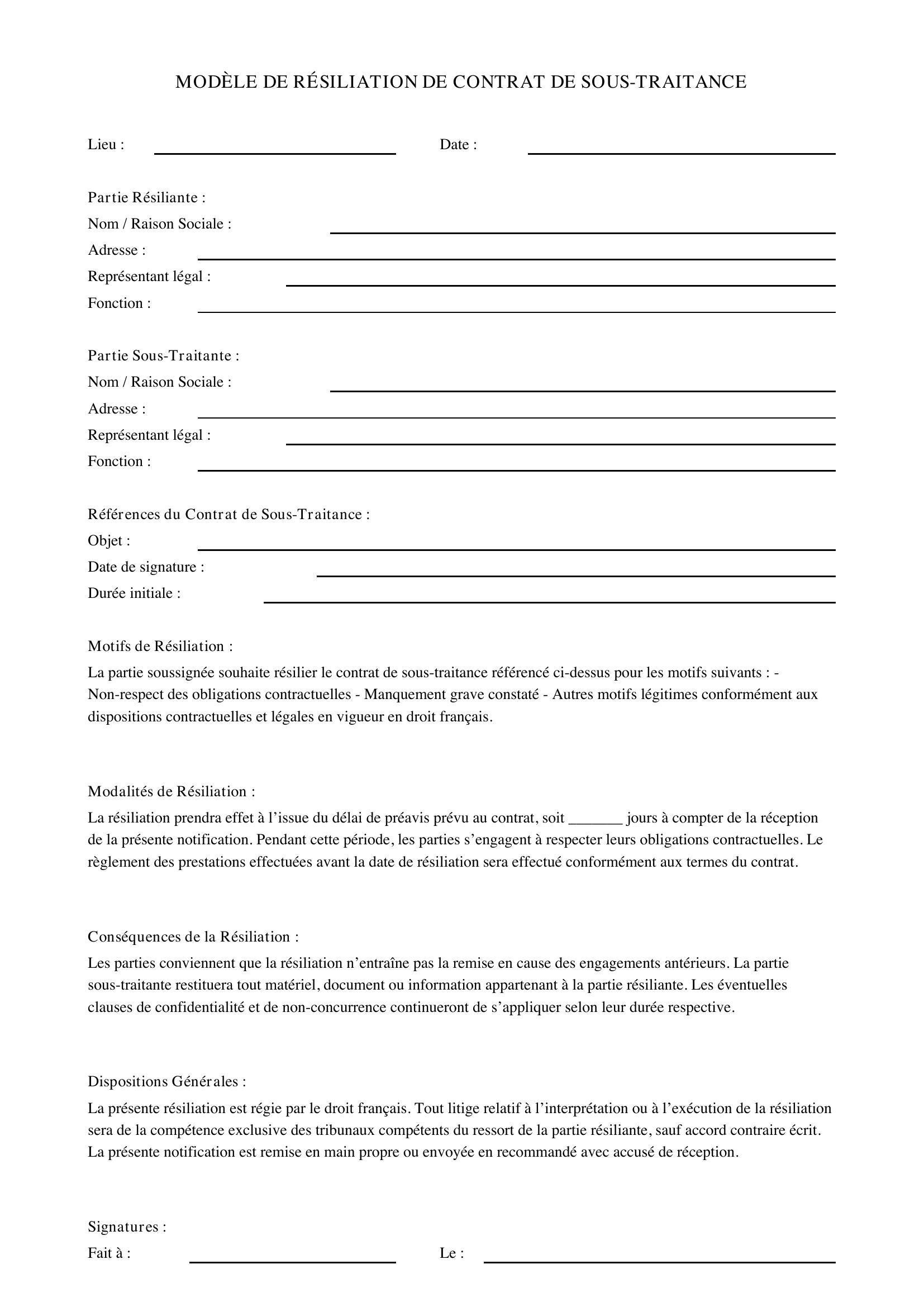 Modèle Résiliation Contrat De Sous-Traitance