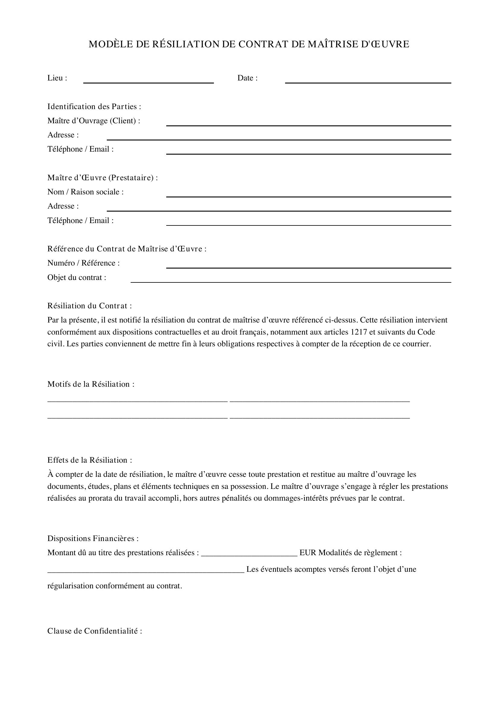 Modèle Résiliation Contrat Maitrise D'Oeuvre