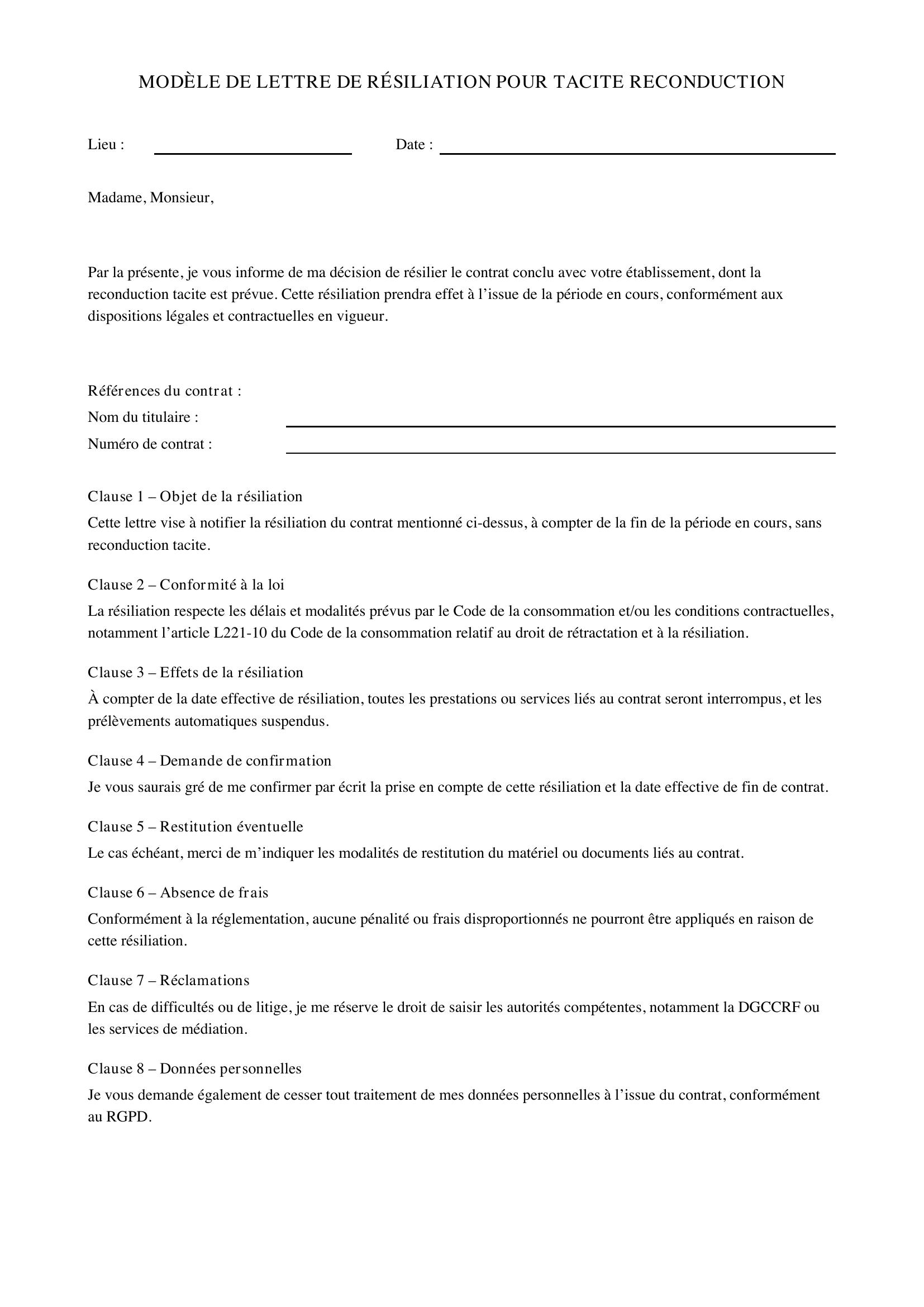 Modèle Résiliation Contrat Tacite Reconduction