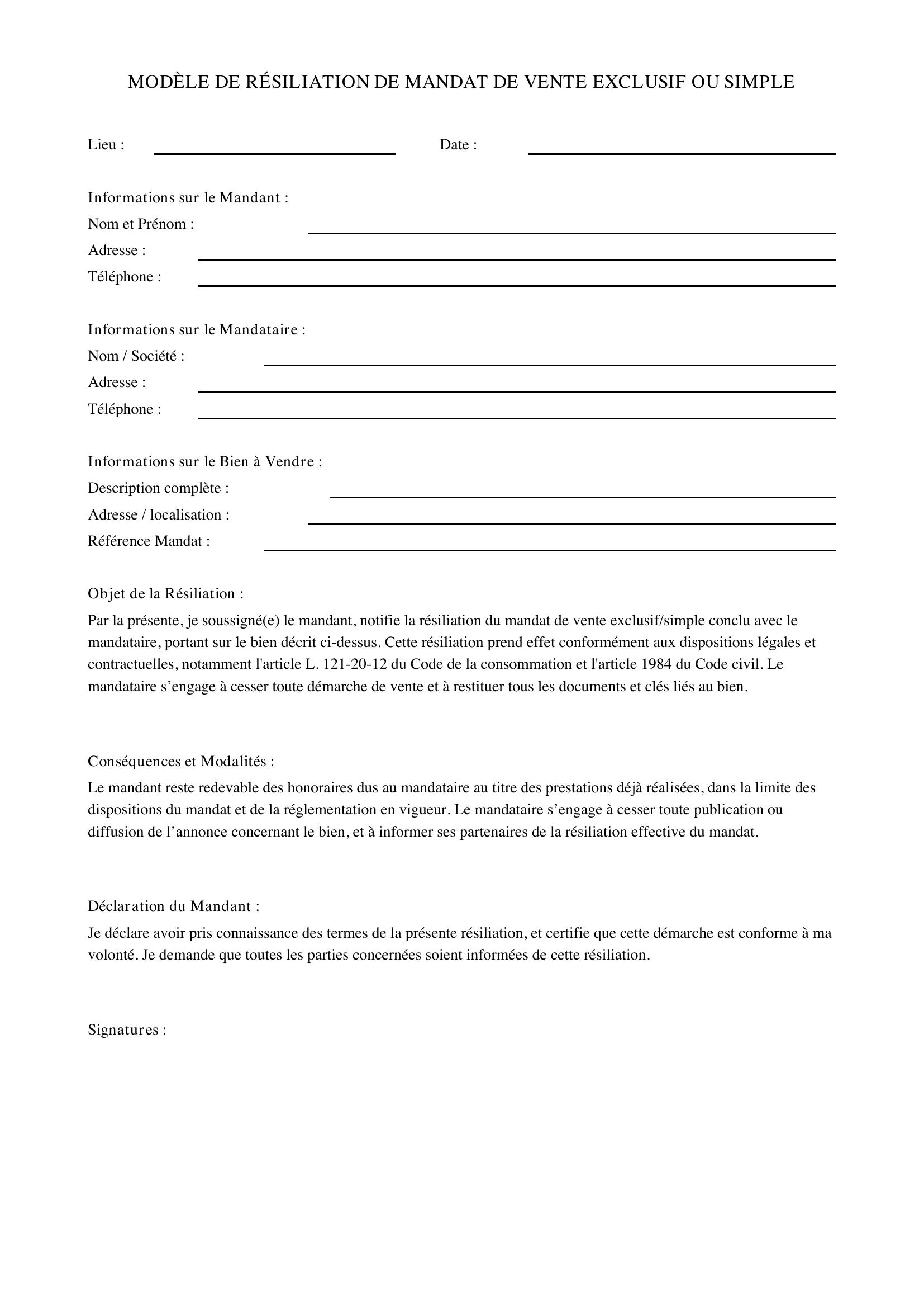 Modèle Résiliation Mandat De Vente Exclusif En Mandat Simple