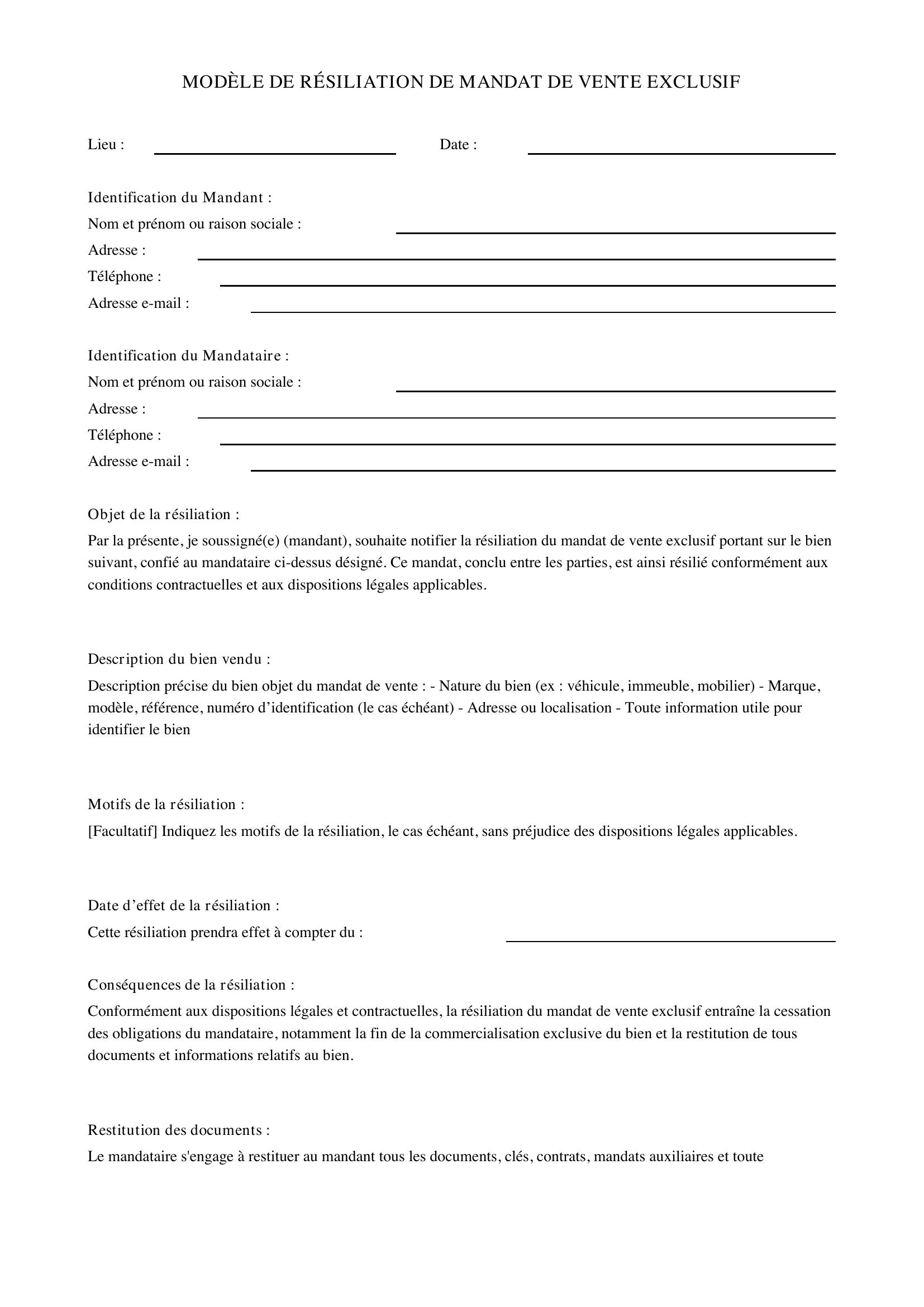Modèle Résiliation Mandat De Vente Exclusif