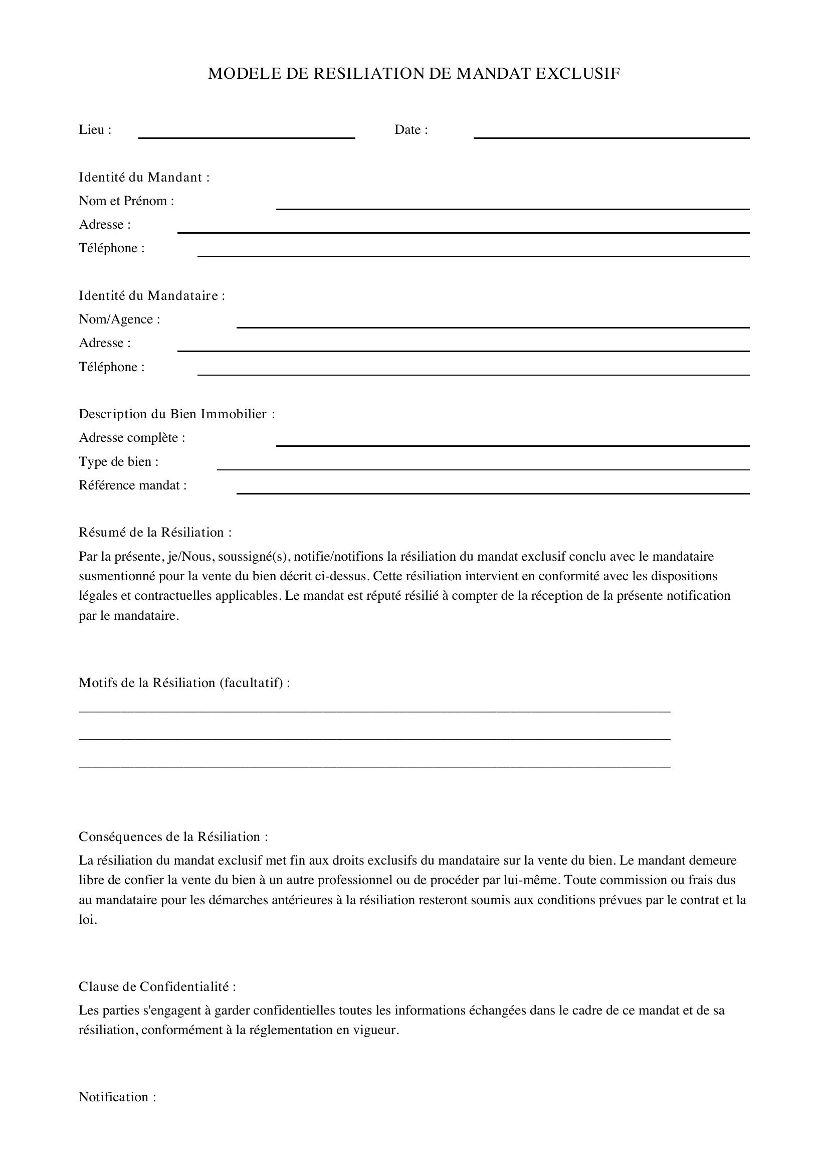Modèle Résiliation Mandat Exclusif